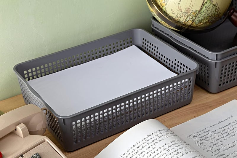 Eslite A4 Size Plastic Storage Basket,Desktop File Paper Letter Organizer Tray, 6-Packs (White+Grey) - Image 3